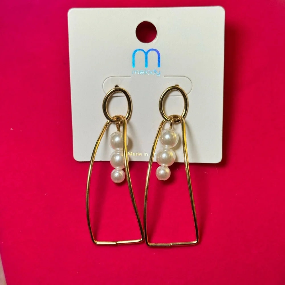 Gold Geometric Pearl Drop Earrings Abstract Dangle Earrings - Picture 4 of 5